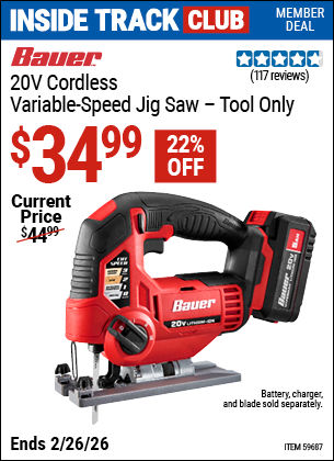 www.hfqpdb.com - BAUER 20V CORDLESS VARIABLE-SPEED JIG SAW Lot No. 59687