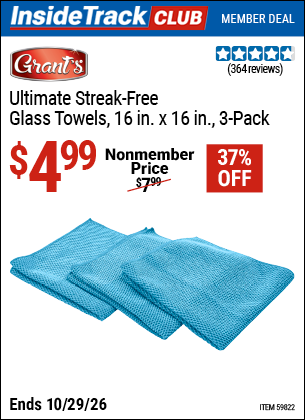 Harbor Freight GRANT'S ULTIMATE STREAK-FREE GLASS TOWELS, 16 IN. X 16 IN., 3-PACK coupon
