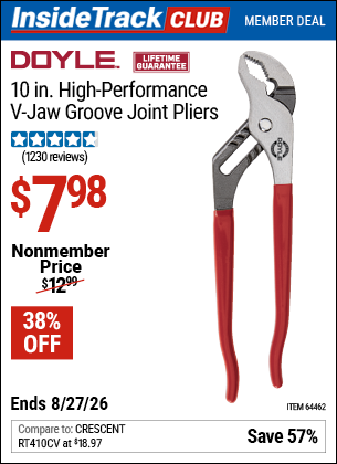 www.hfqpdb.com - DOYLE 10 IN. HIGH-PERFORMANCE V-JAW GROOVE JOINT PLIERS Lot No. 64462