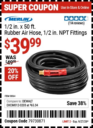 www.hfqpdb.com - MERLIN 1/2 IN. X 50 FT. RUBBER AIR HOSE, 1/2 IN. NPT FITTINGS Lot No. 58564