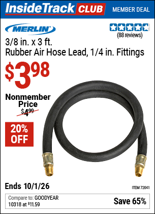 www.hfqpdb.com - MERLIN 3/8 IN. X 3 FT. RUBBER AIR HOSE LEAD, 1/4 IN. FITTINGS Lot No. 72041