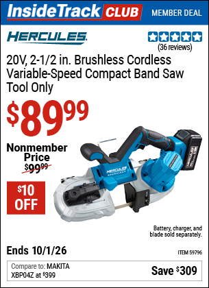 www.hfqpdb.com - HERCULES 20V, 2-1/2 IN. BRUSHLESS CORDLESS VARIABLE-SPEED COMPACT BAND SAW &ndash; TOOL ONLY Lot No. 59796