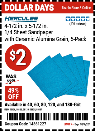 www.hfqpdb.com - HERCULES 4-1/2 IN. X 5-1/2 IN. 1/4 SHEET SANDPAPER WITH CERAMIC ALUMINA GRAIN, 5-PACK Lot No. 58133/58135/58136/58137/58138