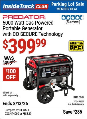 www.hfqpdb.com - PREDATOR 5000 WATT GAS-POWERED PORTABLE GENERATOR WITH CO SECURE TECHNOLOGY Lot No. 72613/73255