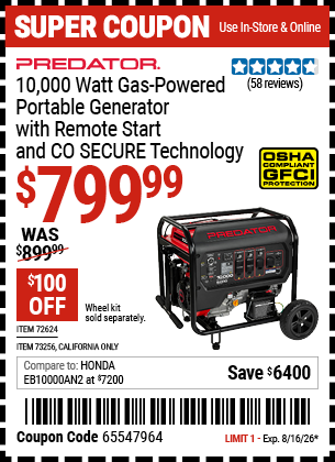www.hfqpdb.com - PREDATOR 10,000 WATT GAS-POWERED PORTABLE GENERATOR WITH REMOTE START AND CO SECURE TECHNOLOGY Lot No. 72624/73256