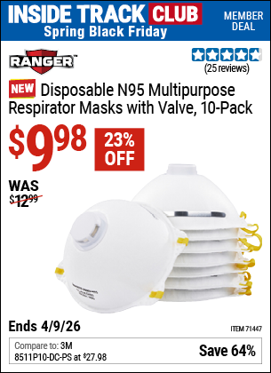 Harbor Freight RANGER DISPOSABLE N95 MULTIPURPOSE RESPIRATOR MASKS WITH VALVE, 10-PACK coupon