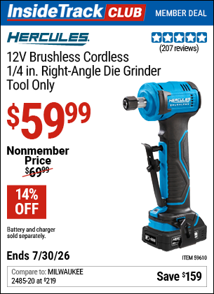www.hfqpdb.com - HERCULES 12V BRUSHLESS CORDLESS, 1/4 IN. RIGHT-ANGLE DIE GRINDER &ndash; TOOL ONLY Lot No. 59610