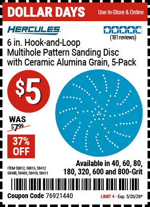 www.hfqpdb.com - HERCULES 6 IN. HOOK-AND-LOOP MULTIHOLE PATTERN SANDING DISC WITH CERAMIC ALUMINA GRAIN, 5-PACK Lot No. 58408/58409/58410/58411/58412/58812/58813