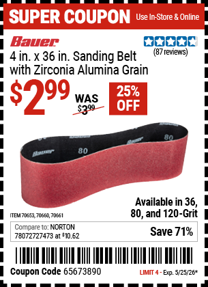 www.hfqpdb.com - BAUER 4 IN. X 36 IN. SANDING BELT WITH ZIRCONIA ALUMINA GRAIN Lot No. 70653/70660/70661