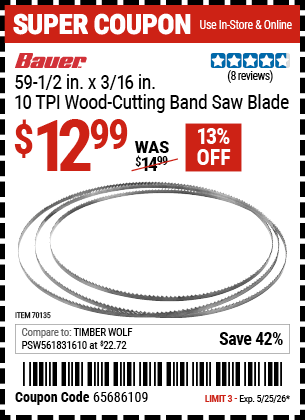 www.hfqpdb.com - BAUER 59-1/2 IN. X 3/16 IN., 10 TPI WOOD-CUTTING BAND SAW BLADE Lot No. 70135