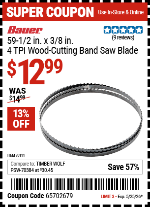 www.hfqpdb.com - BAUER 59-1/2 IN. X 3/8 IN., 4 TPI WOOD-CUTTING BAND SAW BLADE Lot No. 70111