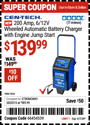 www.hfqpdb.com - CEN-TECH 200 AMP, 6/12V WHEELED AUTOMATIC BATTERY CHARGER WITH ENGINE JUMP START Lot No. 73224