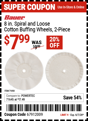 www.hfqpdb.com - BAUER 8 IN. SPIRAL AND LOOSE COTTON BUFFING WHEELS, 2-PIECE Lot No. 71050