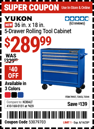 www.hfqpdb.com - YUKON 36 IN. X 18 IN., 5-DRAWER ROLLING TOOL CABINET Lot No. 70937/72544/72653