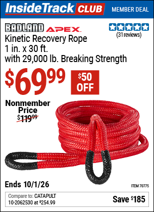 www.hfqpdb.com - BADLAND APEX KINETIC RECOVERY ROPE, 1 IN. X 30 FT. WITH 29,000 LB. BREAKING STRENGTH Lot No. 70775