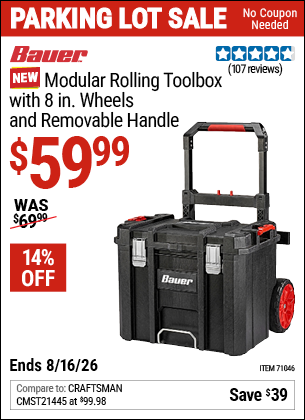 Harbor Freight BAUER MODULAR ROLLING TOOLBOX WITH 8 IN. WHEELS AND REMOVABLE HANDLE coupon