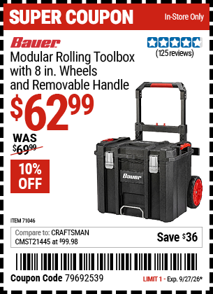 www.hfqpdb.com - BAUER MODULAR ROLLING TOOLBOX WITH 8 IN. WHEELS AND REMOVABLE HANDLE Lot No. 71046
