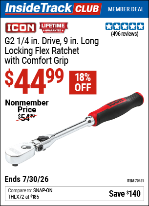 www.hfqpdb.com - ICON G2 1/4 IN. DRIVE, 9 IN. LONG LOCKING FLEX RATCHET WITH COMFORT GRIP Lot No. 70451