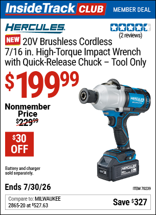 www.hfqpdb.com - HERCULES 20V BRUSHLESS CORDLESS, 7/16 IN. HIGH-TORQUE IMPACT WRENCH WITH QUICK-RELEASE CHUCK &ndash; TOOL ONLY Lot No. 70239
