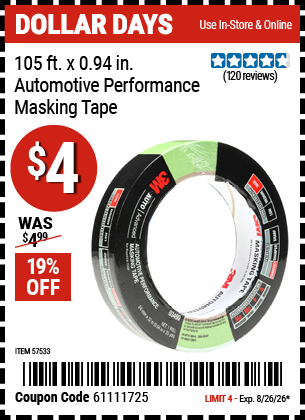 Harbor Freight 3M 105 FT. X 0.94 IN. AUTOMOTIVE PERFORMANCE MASKING TAPE coupon