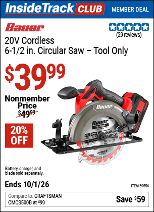 www.hfqpdb.com - BAUER 20V CORDLESS, 6-1/2 IN. CIRCULAR SAW &ndash; TOOL ONLY Lot No. 59556