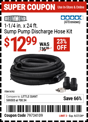 Harbor Freight DRUMMOND 1-1/4 IN. X 24 FT. SUMP PUMP DISCHARGE HOSE KIT coupon