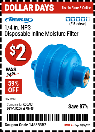 www.hfqpdb.com - MERLIN 1/4 IN. NPS DISPOSABLE INLINE MOISTURE FILTER Lot No. 63951