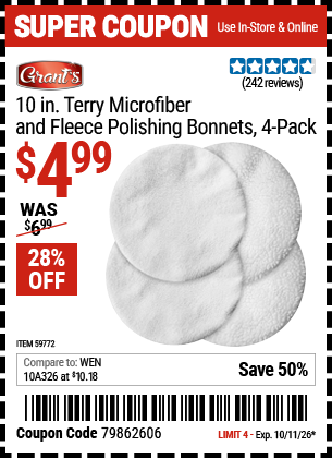 Harbor Freight GRANT'S 10 IN. TERRY MICROFIBER AND FLEECE POLISHING BONNETS, 4-PACK coupon