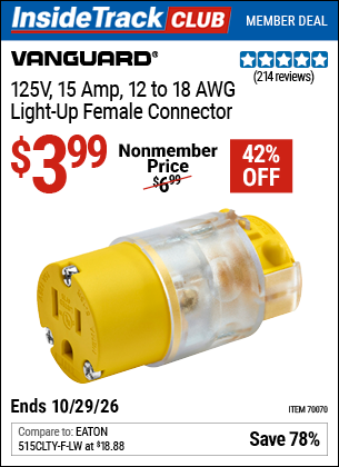 Harbor Freight VANGUARD 125V, 15 AMP, 12 TO 18 AWG LIGHT UP FEMALE CONNECTOR coupon
