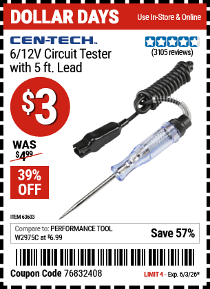 www.hfqpdb.com - CEN-TECH 6/12V CIRCUIT TESTER WITH 5 FT. LEAD Lot No. 63603/61652