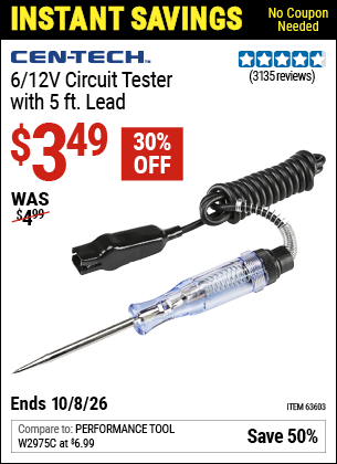 www.hfqpdb.com - CEN-TECH 6/12V CIRCUIT TESTER WITH 5 FT. LEAD Lot No. 63603/61652