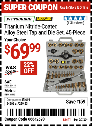 www.hfqpdb.com - PITTSBURGH TITANIUM NITRIDE-COATED ALLOY STEEL TAP AND DIE SET, 45-PIECE Lot No. 61410/61411