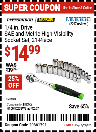 Harbor Freight PITTSBURGH 1/4 IN. DRIVE SAE AND METRIC HIGH-VISIBILITY SOCKET SET, 21-PIECE coupon