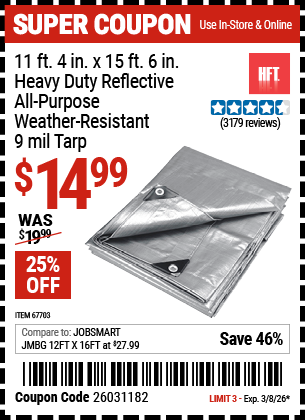 www.hfqpdb.com - HFT 11 FT. 4 IN. X 15 FT. 6 IN. HEAVY DUTY REFLECTIVE ALL-PURPOSE WEATHER-RESISTANT 9 MIL TARP Lot No. 67703