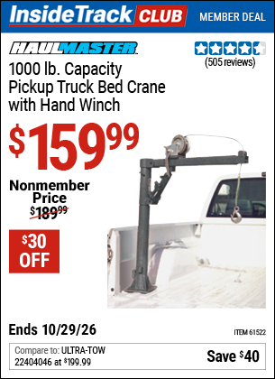 Harbor Freight HAUL-MASTER 1000 LB. CAPACITY PICKUP TRUCK BED CRANE WITH HAND WINCH coupon