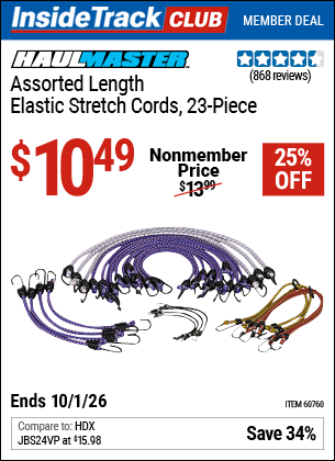 Harbor Freight HAUL-MASTER ASSORTED LENGTH ELASTIC STRETCH CORDS, 23-PIECE coupon