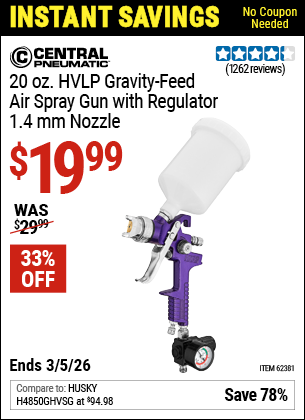 www.hfqpdb.com - CENTRAL PNEUMATIC 20 OZ. HVLP GRAVITY-FEED AIR SPRAY GUN WITH REGULATOR, 1.4 MM NOZZLE Lot No. 62381