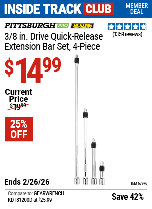 www.hfqpdb.com - PITTSBURGH PRO 3/8 IN. DRIVE QUICK-RELEASE EXTENSION BAR SET, 4-PIECE Lot No. 67976