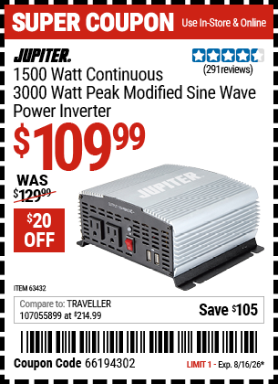 www.hfqpdb.com - JUPITER 1500 WATT CONTINUOUS/3000 WATT PEAK MODIFIED SINE WAVE POWER INVERTER Lot No. 63432/57354