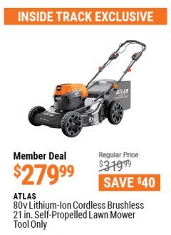 Harbor Freight ITC Coupon ATLAS 80V LITHIUM-ION BRUSHLESS 21" SELF-PROPELLED LAWN MOWER Lot No. 56992 Expired: 4/29/21 - $279.99