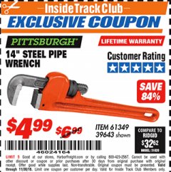 Harbor Freight ITC Coupon 14" STEEL PIPE WRENCH Lot No. 39643/61349 Expired: 11/30/18 - $4.99