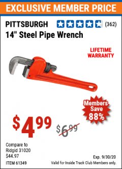 Harbor Freight ITC Coupon 14" STEEL PIPE WRENCH Lot No. 39643/61349 Expired: 9/30/20 - $4.99
