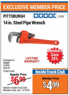 Harbor Freight ITC Coupon 14" STEEL PIPE WRENCH Lot No. 39643/61349 Expired: 12/3/20 - $4.99
