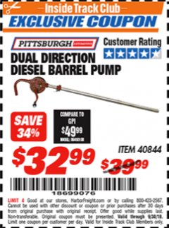 Harbor Freight ITC Coupon DUAL DIRECTION DIESEL BARREL PUMP Lot No. 40844 Expired: 9/30/18 - $32.99