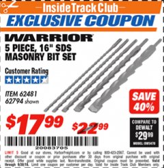 Harbor Freight ITC Coupon 5 PIECE 16" SDS MASONRY BIT SET Lot No. 46755/62481 Expired: 9/30/18 - $17.99