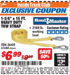 Harbor Freight ITC Coupon 1-3/4" x 15 FT. HEAVY DUTY TOW STRAP Lot No. 36608/61684 Expired: 5/31/18 - $6.99