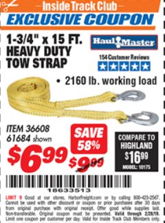 Harbor Freight ITC Coupon 1-3/4" x 15 FT. HEAVY DUTY TOW STRAP Lot No. 36608/61684 Expired: 2/28/19 - $6.99