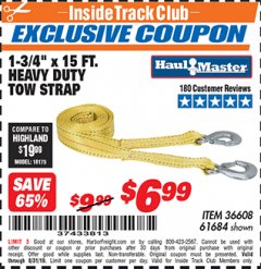 Harbor Freight ITC Coupon 1-3/4" x 15 FT. HEAVY DUTY TOW STRAP Lot No. 36608/61684 Expired: 8/31/19 - $6.99