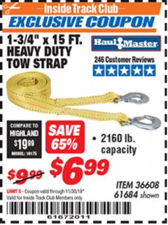 Harbor Freight ITC Coupon 1-3/4" x 15 FT. HEAVY DUTY TOW STRAP Lot No. 36608/61684 Expired: 11/30/19 - $6.99
