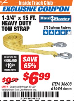 Harbor Freight ITC Coupon 1-3/4" x 15 FT. HEAVY DUTY TOW STRAP Lot No. 36608/61684 Expired: 3/31/20 - $6.99